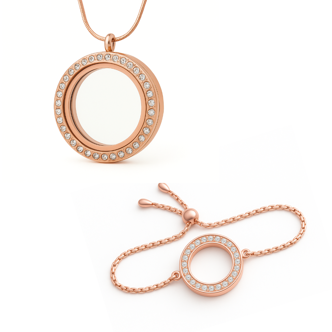 COMBO - Medalhão C/brilho Rosé Grande + Pulseira C/brilho Rosé