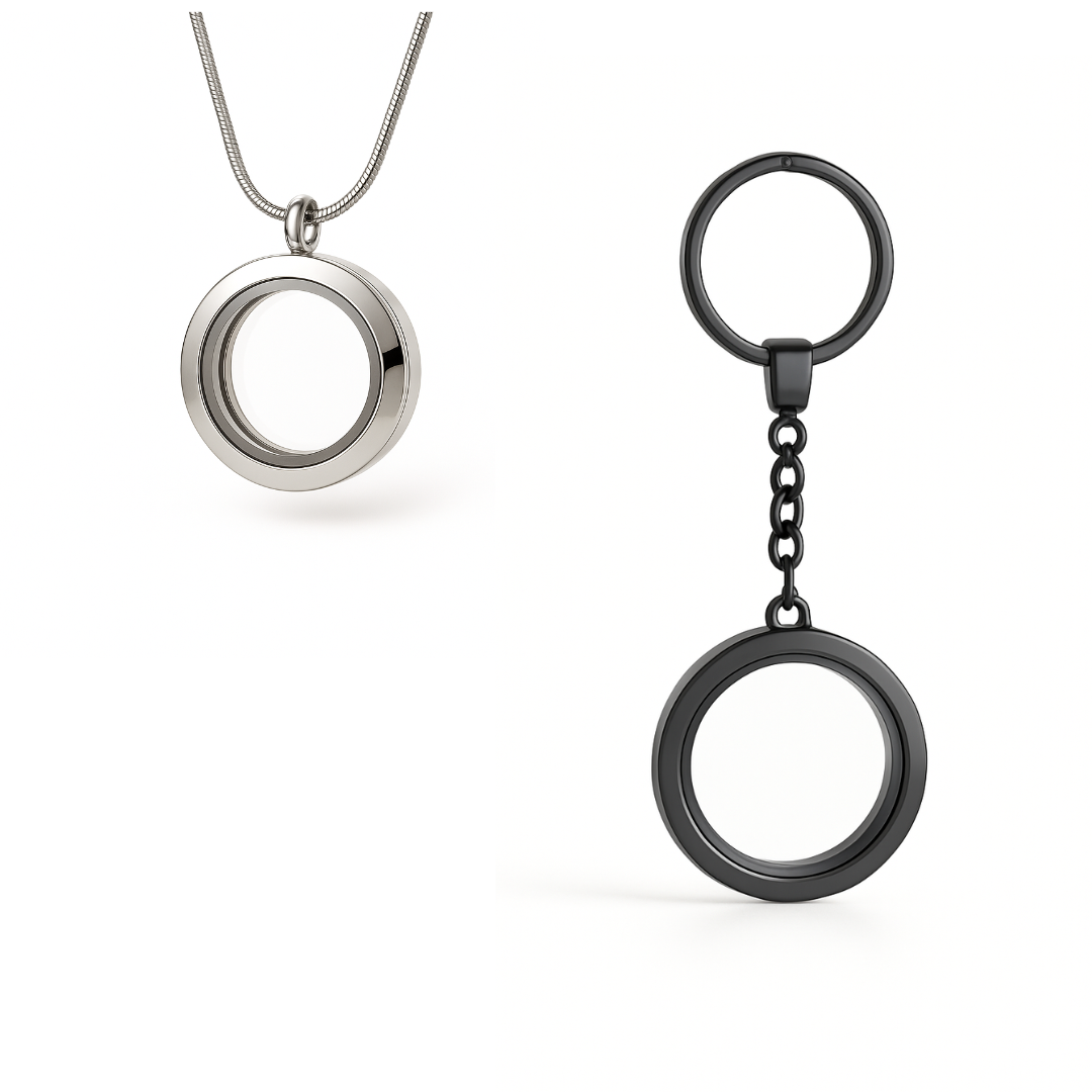 COMBO - Medalhão Pequeno Prata + Chaveiro Preto