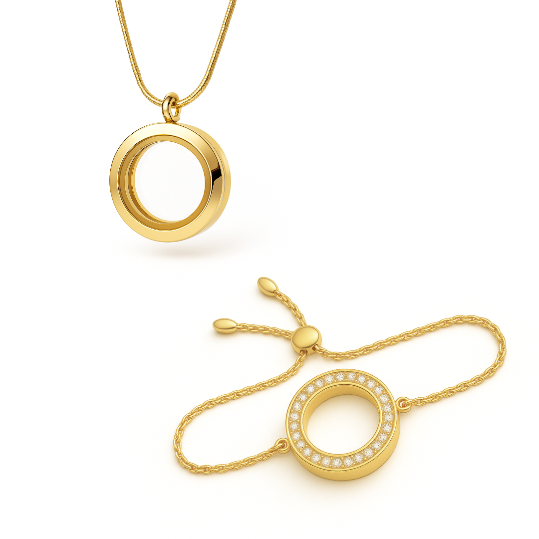 COMBO - Medalhão Pequeno Dourado + Pulseira c/brilho Dourada