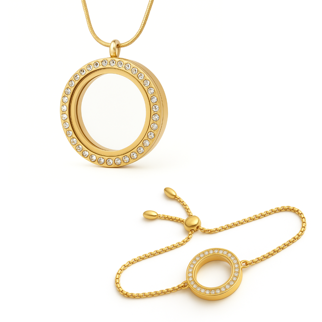 COMBO - Medalhão C/brilho Dourado Grande + Pulseira C/brilho Dourada
