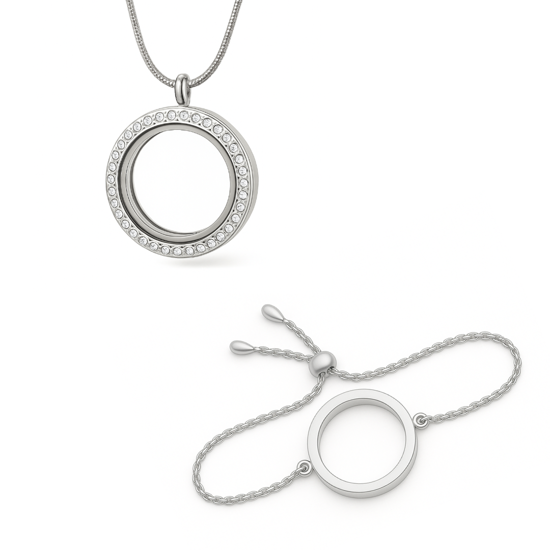 COMBO - Medalhão Pequeno C/brilho Prata + Pulseira Prata